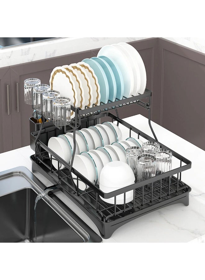 توشيونيكس رف تجفيف أطباق قابل للطي من طبقتين مع حامل أدوات وحامل أكواب وصينية تصريف T114725، نظام تصريف دوار، طلاء مقاوم للخدش، أسود - Image 3